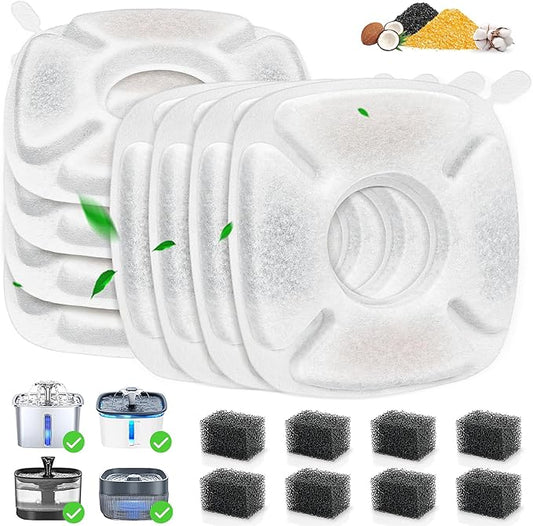 16 Pack Cat Water Fountain Replacement Filters, 8 Pcs Cats Fountain Filters & 8 Pcs Pre-Filter Sponges for 95oz/2.8L 135oz/4L 67oz/2L Automatic Pet Dog Fountain Water Dispenser Filter