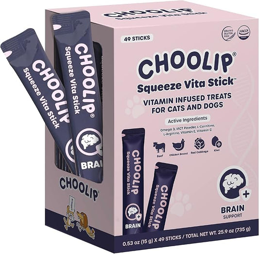 Choolip Squeeze Vita Stick Lickable Cat and Dog Treats ??49-Count Brain Support Sticks with Multivitamins, Soft Squeezable Paste for All Life Stages, Supporting Brain Health