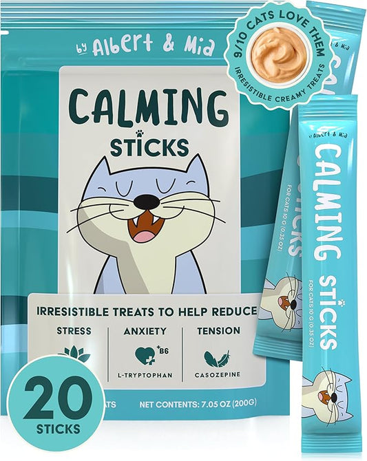 ALBERT & MIA Lickable Cat Calming Treats - Stress & Anxiety Relief for Indoor Cats - Tasty & Vet Calming Treats for Cats & Kittens (Calm Care for Grooming, Car Rides, Travel and Sleep Aid) 20 Pack