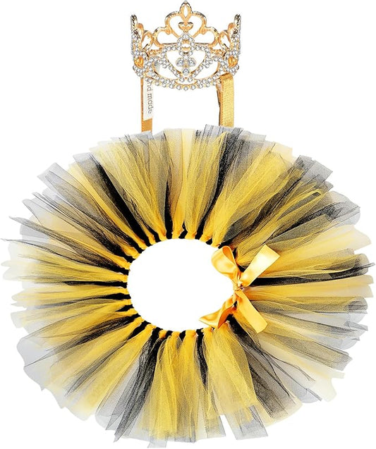 2 Pcs Dog Crown Headband Dog Tutu Dress Set Crystal Rhinestone Tiara Crown Tutu Skirt Pet Dress Costume for Puppy Birthday Party Wedding Photo Prop Costume(Black Gold,X-Large)