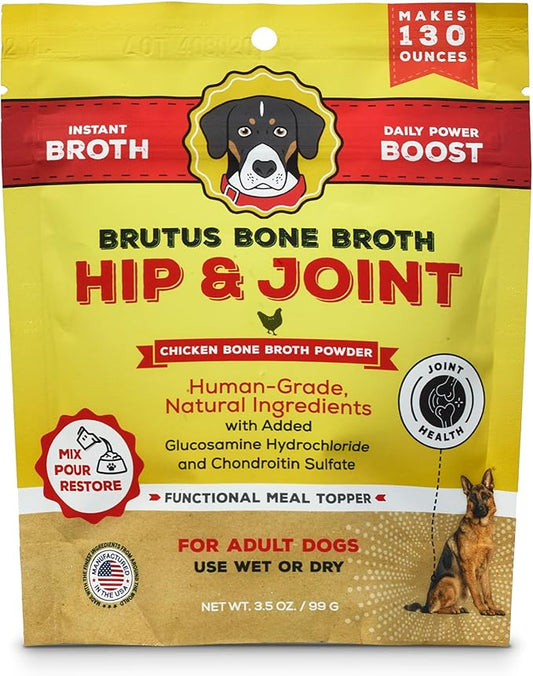 Brutus Broth Dog Food Topper - Instant Bone Broth Powder for Adult Dogs - Made with Natural Ingredients, Human-Grade Quality - Serve Dry or Wet - Chicken Flavor - 3.5 oz Pack (Makes 130 oz with Water)