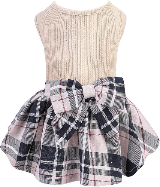 PUPTECK Classic Plaid Dog Dress Pet Apparel with Cute Bowtie Puppy Clothes Outfit,Cream,XS