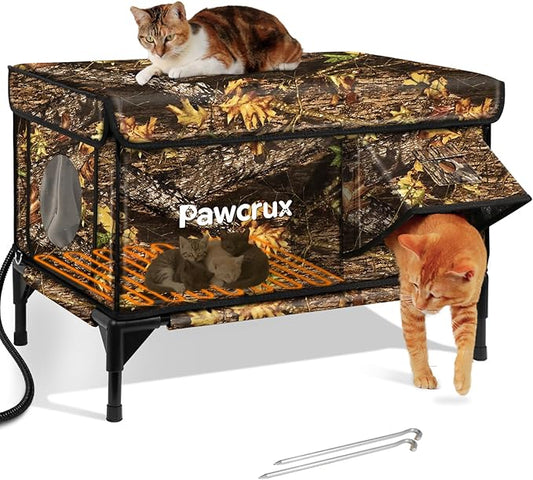 Weatherproof Heated Cat House for Outdoor in Winter, Heated Cat Bed Kitty Shelter with Cat Heating Pad, Insulated & Safe Escape Door, Warm House for Outside Stray Cat(Leaf Color, 17"x25"x17")