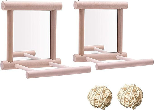 HANZE Bird Mirror Swing with Rattan Ball | Natural Wood Parrot Toy with Metal Hooks for Macaws, Cockatiels, Parakeets, Lovebirds | Safe Chewing & Mental Stimulation - 2 Pack