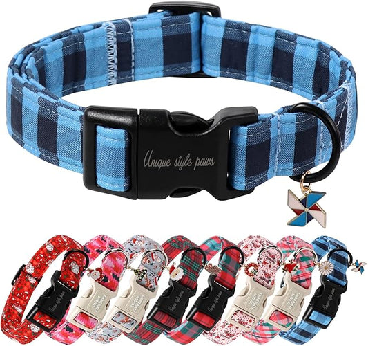 Unique Style Paws Christmas Dog Collar Plastic Buckle with Pendant Black Blue Plaid Cotton Puppy Collars for Small Medium Large Dogs
