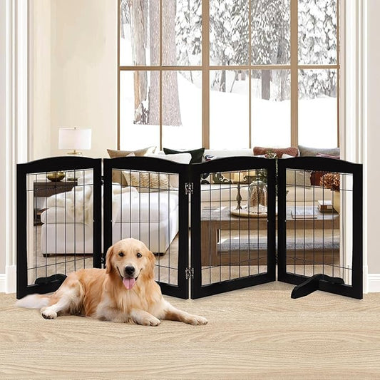 LZRS 4-Panel Freestanding Wooden Dog Gate?”Extra Wide 30??Tall Foldable Pet Barrier with Support Feet, Solid Hardwood & Steel Wire Safety Gate for Doorways, Hallways, and Stairs, Black