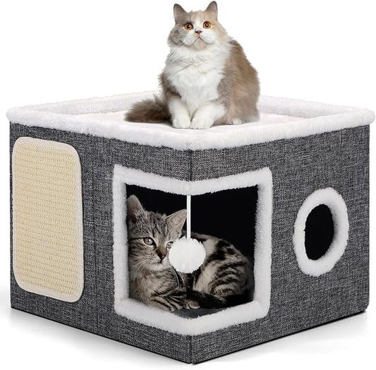 Shikha Cat Beds for Indoor Cats, Large Cat Cave with Cozy Condo, Fluffy Ball, Round Window, Foldable Indoor Cat House Hold Up to 30LBS, Cat Hideaway with Reversible Cushions for All Seasons, Grey