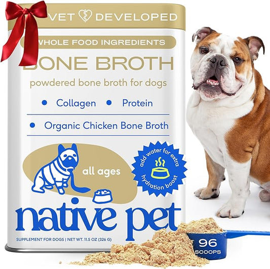 Native Pet Bone Broth for Dogs and Cats - Chicken Bone Broth Powder Dog Food Toppers for Picky Eaters - Provides Extra Nutrition for Joint Strength, Immune Support & Heart Health - 96 Scoops