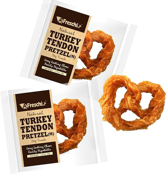 AFreschi Natural Turkey Tendon Pretzel (M) Pack of 2, Dog Treats for Signature Series, All Natural Human Grade Dog Chew, USA-Sourced Turkey Tendon, Hypoallergenic, Rawhide Alternative