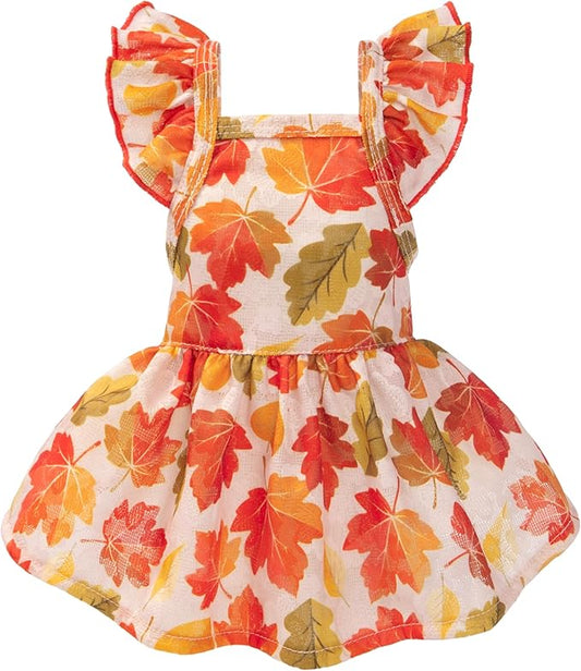 Fitwarm Maple Dog Dress, Ruffled Doggy Thanksgiving Dress, Fall Dog Clothes for Small Dogs Girl, Pet Outfit, Red, Orange, Small