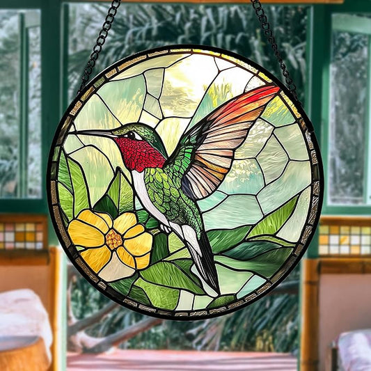 Stained Glass Window Hanging, Green Hummingbird Sun Catcher for Door Home Decor, Birds Suncatcher Christmas Mother's Day Birthday Gifts for Bird Lovers Women Men Mom and Nana 15 in