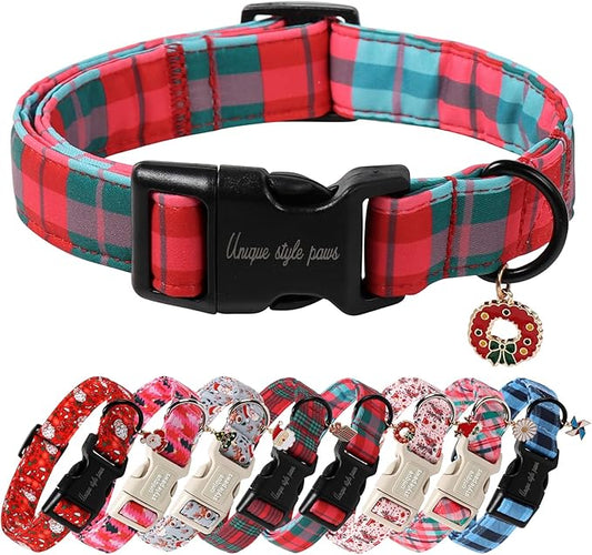 Unique Style Paws Christmas Dog Collar Plastic Buckle with Pendant Red Green Grid Cotton Puppy Collars for Small Medium Large Dogs