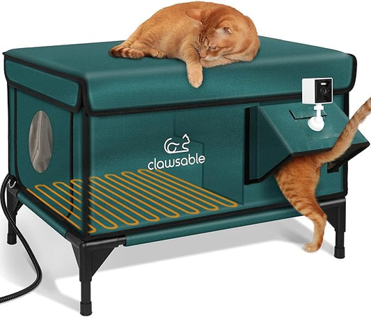 Indestructible Heated Cat House with Pet Camera for Outside Winter, 100% Waterproof, Escape Door, Insulated Outdoor Cat Shelter with Heater for Feral Barn Cat Kitty (Forest Green, 26"x16"x18")