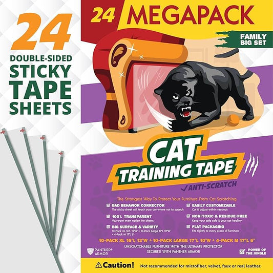 24 Pack Cat Scratch Furniture Protector Tape Sheets ??Double-Sided Sticky Training (10 XL, 10 Large, 4 Medium) ??Anti-Scratch Couch & Sofa Guard ??Clear ??Not for Leather, Velvet, Microfiber