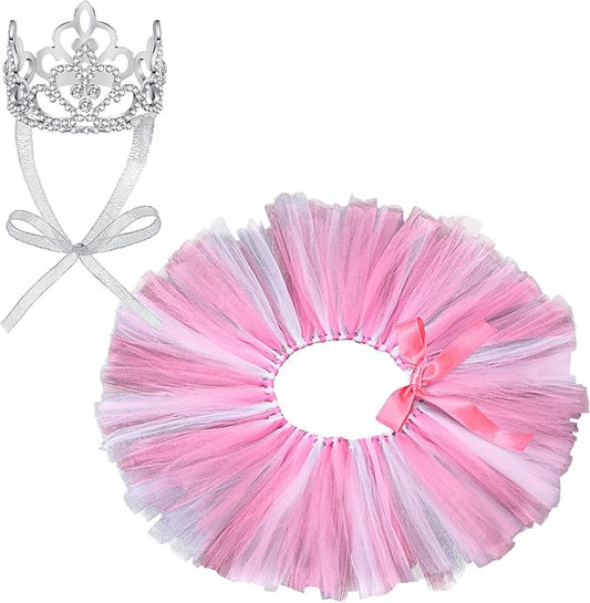 2 Pcs Dog Crown Headband Dog Tutu Dress Set Crystal Rhinestone Tiara Crown Tutu Skirt Pet Dress Costume for Puppy Birthday Party Wedding Photo Prop Costume(Small,Rose Red, White)