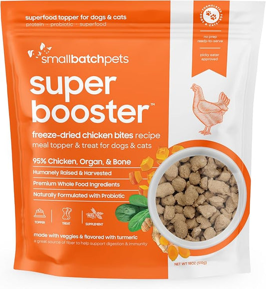 Smallbatch Freeze Dried Dog Treats, Superfood Food Topper Chicken Bites for Dogs & Cats, Probiotics, Organic Ingredients, High Protein, Grain Free Healthy Treat Food Topper, Made in the USA, 18 oz Bag