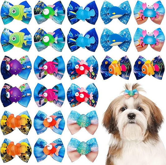 24pcs/12pairs Dog Hair Bows with Rubber Band Summer Sea Animal Pattern for Girl Boy Male Female Small Medium Puppy Doggie Poodle Toknot Bowknot Elastic Grooming Accessories