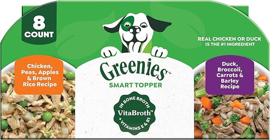 Greenies Smart Topper High Protein Wet Mix-in for Dogs, Chicken, Peas, Apples, and Brown Rice Recipe & Duck, Broccoli, Carrots and Barley Recipe Variety Pack with Whole Grains, 8 Trays of 2oz.