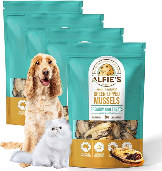 ALFIE'S TREATOS Green Lipped Mussels for Dogs & Cats (10.6 oz, 4x2.65 oz), Bulk Bundle, Air-Dried Dog Treats, Natural Supplement & Omega-3 Food Topper, Single Ingredient, Freeze-Dried Alternative