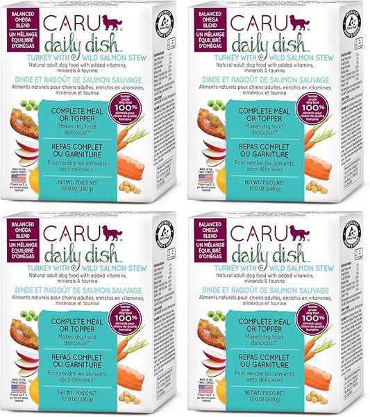 Caru - Daily Dish Turkey with Wild Salmon Stew - Healthy Functional Wet Dog Food or Food Topper - 12 oz Cartons - Pack of 4