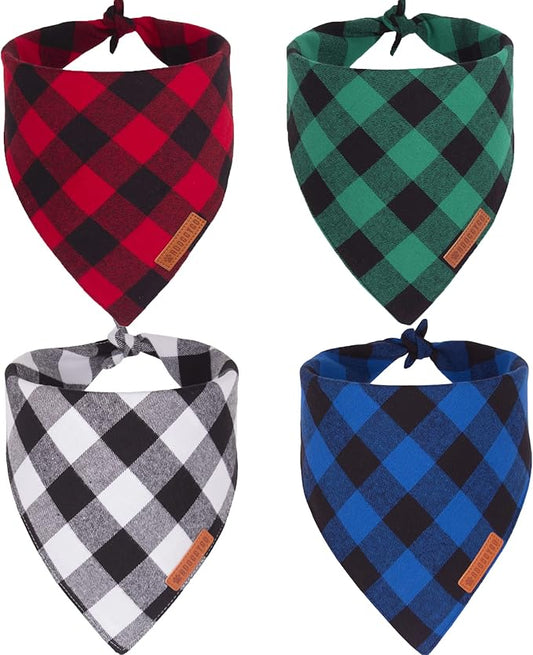 ADOGGYGO 4 Pack Dog Bandana Christmas Classic Plaid Bandana Scarf, Multiple Sizes Offered, Blue White Green Red Plaid Bandana for Large and X-Large Dogs (X-Large)
