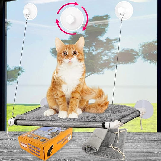 ZALALOVA Cat Window Perch Seat Large Sturdy Cat Beds Fleece Blanket 2025 Latest Screw Suction Cups Resting with Blanket (Grey)