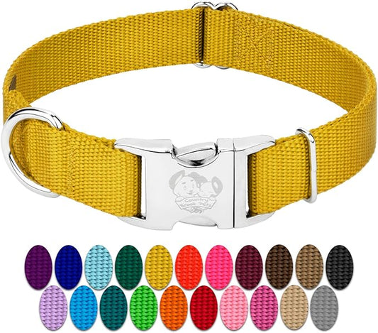 Country Brook Petz Premium Nylon Dog Collar with Metal Buckle for Small Medium Large Breeds - Vibrant 30+ Color Selection (Large, 1 Inch, Gold)