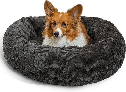 Best Friends by Sheri Original Calming Donut Dog and Cat Bed, Lux Faux Fur, Mink Dark Gray, (30in x 30in) - Anxiety Relief for Pets Up to 45 lbs