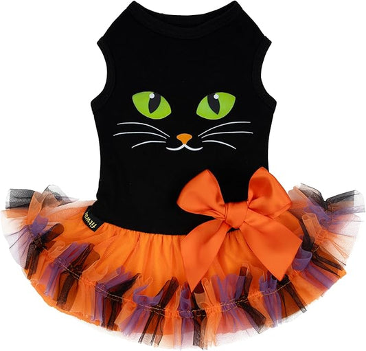 Fitwarm Halloween Cat Face Dog Dress, Funny Halloween Costumes for Small Dogs Girl, Pet Apparel, Black, Orange, Purple, Green, Small