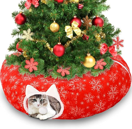 Soulchen Christmas Tree Cat Tunnel Bed 2.62ft x 2.62ft x 10.24inchs Christmas Trees Skirt for Cats Toy Circle Tunnel Xmas Green Red Pet Donut Toys with Washable Cushion for Kitten Felines