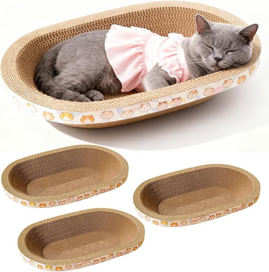 3 Pack Large Cat Scratcher Cardboard, Oval Cat Scratcher Bed Cat Scratch Pad Board Lounge Couch for Indoor Cats Bowl Shaped Cat Scratching Post Nest for Cats Grinding Claw Furniture Protector