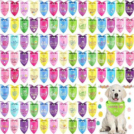 100 Pcs Easter Dog Bandana Bulk with Sayings Pet Triangle Scarf Bibs Washable Puppy Kerchief Adjustable Grooming Supplies for Small Medium Large Dog Cat Costume Accessories