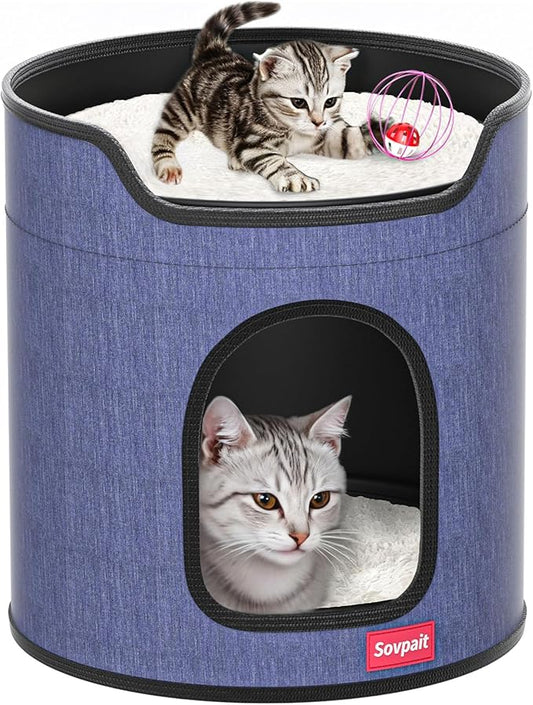 Cat House for Indoor Cats,Large Luxury Double Cat Beds with Cat Scratcher Pad Toys w/Catnip,Soft Washable Cushion Cat House Shelter D15xH15 in Grey (Blue, Metal Cage Balls+5mm Pad)