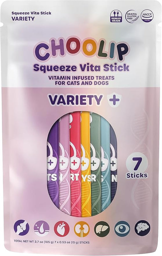 Choolip Squeeze Vita Stick Lickable Cat and Dog Treats ??7-Count Variety Pack with Multivitamins, Soft Squeezable Paste for All Life Stages, Supporting Overall Health