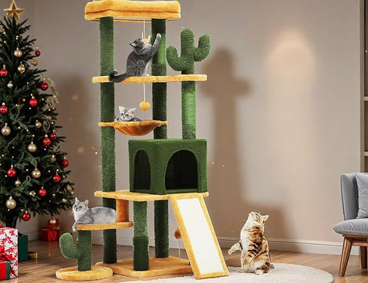 YITAHOME Tall Cactus Cat Tree Tower with Self-Grooming Brush, 60in Cute Cat Climbing Tower for Indoor Cats with Cat Condo, Top Perch, Basktet, Sisal Scratching Posts and Board, Dangling,Ball