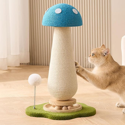 21.5?˜â€?H Cat Scratching Post with Catnip,Cute Mushroom Cat Scratcher Post with Durable Natural Solid Wood Turntable Toy, Sky Blue Mushroom Shape Design Cat Toy Cat Sisal Scratcher for Indoor Cats