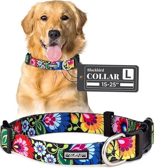 Lucky Love Dog - Adjustable Dog Collar with Easy Click Buckle for Small to Large Ones, Durable, & Comfortable for Male & Female Dogs, Pet Collar for Puppies & Adult Dogs - Blackbird, Large