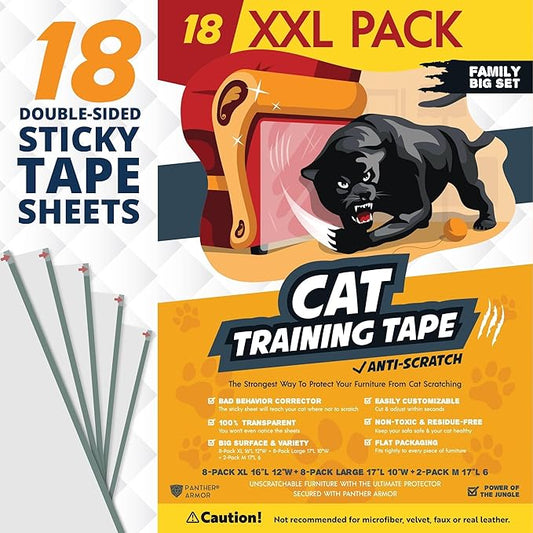 18 Pack Cat Scratch Furniture Protector Tape Sheets ??Double-Sided Sticky Training (8 XL, 8 Large, 2 Medium) ??Anti-Scratch Couch & Sofa Guard ??Clear ??Not for Leather, Velvet, Microfiber