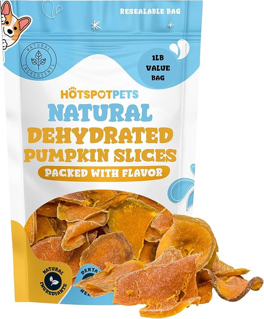 Dehydrated Natural Pumpkin Slices for Dogs- Crunchy Treats- 1lb Stay Fresh Resealable Bag, All-Natural- High Protein, Great For Sensitive Stomachs, Low Fat, A Healthy Rawhide Alternative for All Dogs