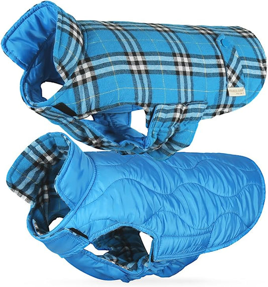 VIVAGLORY Softjoy Dog Coat, Dog Jacket for Winter & Christmas, Coat with Harness Hole & Velcro Closure, Reversible Plaid Checkered Warm Fluffy Heavy Duty for Puppy, M, Blue