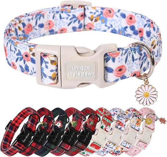 Unique Style Paws Dog Collar Plastic Buckle with Pendant Blue Rose Flower Grid Cotton Puppy Collars for Small Medium Large Dogs