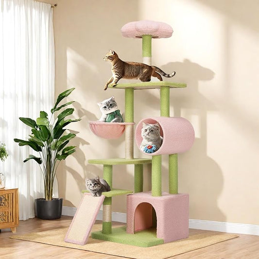 YITAHOME 65in Tall Flower Cat Tree Tower: Cute Kitten Climbing Tower for Indoor Cats with Kitty Condo Basket Tunnel Sisal Scratching Posts and Board, Pink and Green