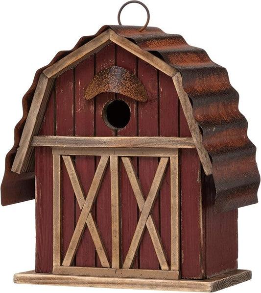 glitzhome 10.2" H Rustic Bird House Outdoor Garden Red Barn Patio Garden Decorative Handmade Distressed Solid Wood Birdhouse