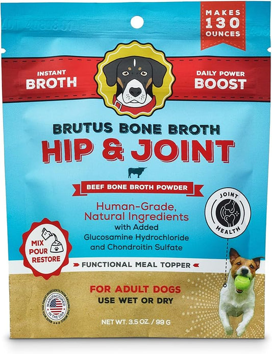 Brutus Broth Dog Food Topper - Instant Bone Broth Powder for Adult Dogs - Made with Natural Ingredients, Human-Grade Quality - Serve Dry or Wet - Beef Flavor - 3.5 oz Pack (Makes 130 oz with Water)
