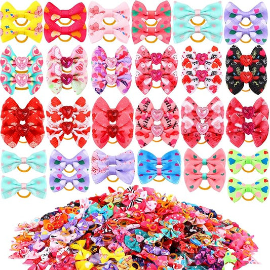 Reginary 300 Pack Dog Bows Grooming Cute Dog Hair Bows Girl with Rubber Bands Small Puppy Bowknots Colorful Hair Accessories for Dogs Puppies Pets Gift (Heart Style)