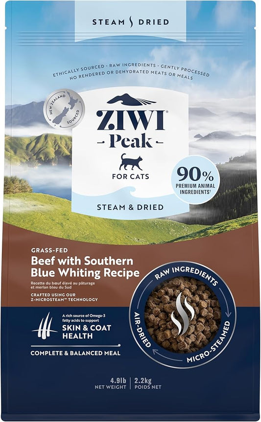 ZIWI Peak Steam & Dried Cat Food ??Beef w/Southern Blue Whiting Fish - High Protein, Skin & Coat Health, Low Carb, for All Life Stages (78.4oz)