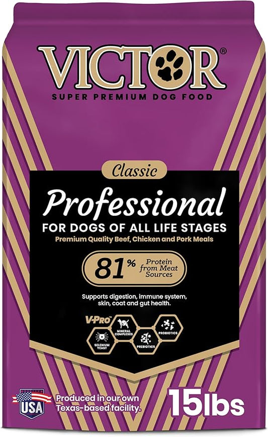 VICTOR Super Premium Dog Food ??Professional Dry Dog Food ??Super Premium Kibble with 26% Protein ??Gluten-Free with Beef, Chicken & Pork Meals ??for High Energy and Active Dogs & Puppies, 15lbs