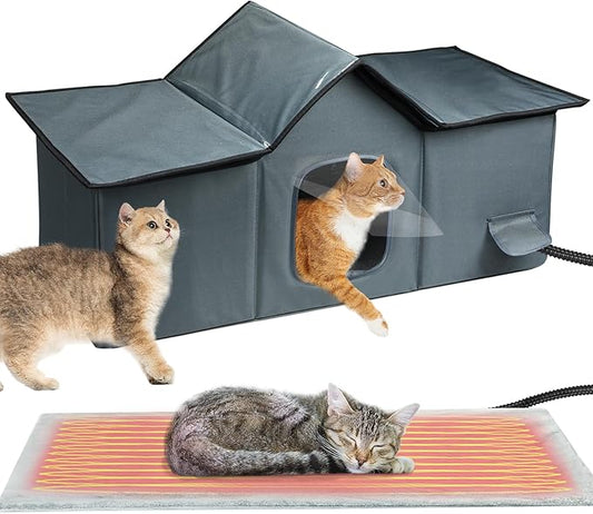 Weatherproof Heated Cat Houses for Outdoor Cats - Insulated Cat Shelter for Winter with Thermostatic Heating Pad and Escape Door, Warm Outside Pet House Gift for 3-4 Feral Cats (X-Large)