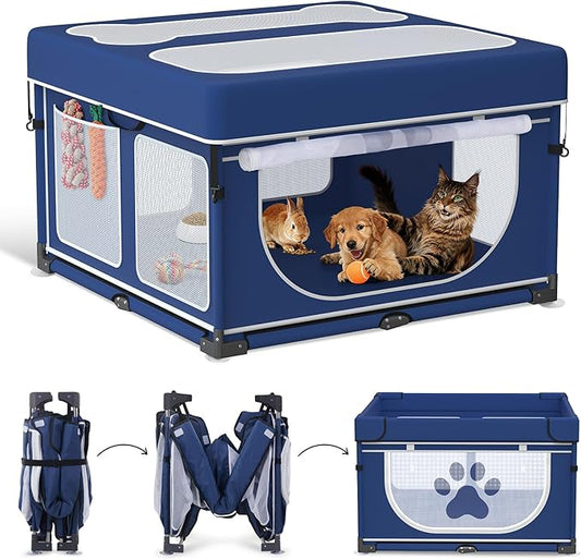 LOOBANI Foldable Dog Playpen with Cover: 1 Min Setup Pet Puppy Playpen Indoor, Sturdy Reinforced Steel/Iron Frame Dog Fence, Portable Whelping Box for Home Dog Cat Rabbit-43.3"x43.3"x27.1"?‚Patented