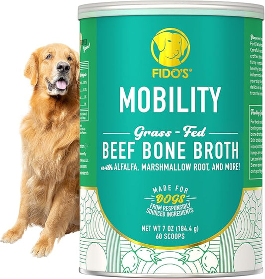 Fido's Mobility Bone Broth for Dogs - Grass-Fed Beef Bone Broth Powder & Organic Herbs - Joint Supplement for Dogs - Dog Food Topper for Dry Food - 60 Scoops
